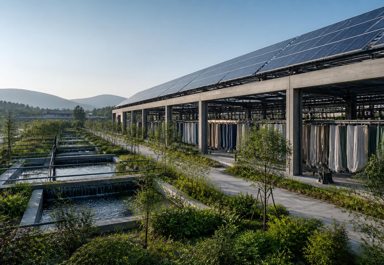 Textile manufacturing facility with solar power and water treatment